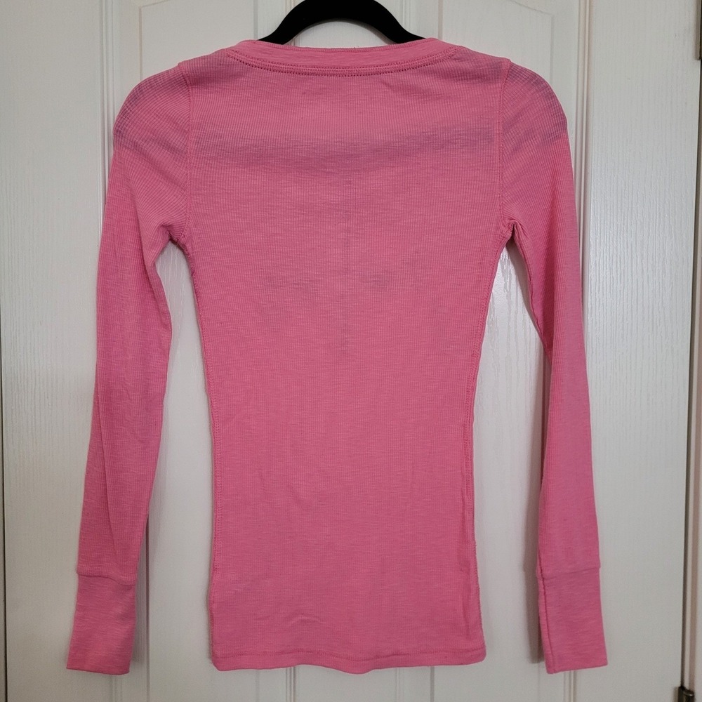 Aeropostale Logo Womens Pink Ribbed Henley Long Sleeve Graphic Top XS Y2K - Picture 3 of 6